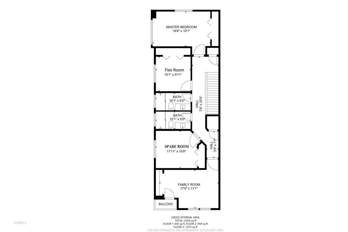 A cozy interior scene featuring the master bedroom and a welcoming family room, with a flex room and spare room visible. The balcony invites morning coffee or quiet reflection, and the layout is open and warm, ideal for relaxing with family or pets.