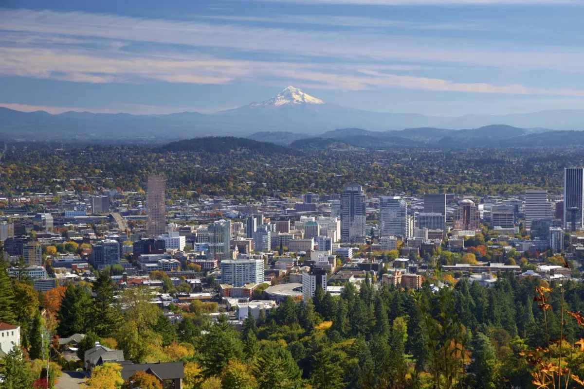 This image captures Mount Hood rising above the city skyline, framed by lush trees in the foreground. The view is expansive, suggesting the proximity of outdoor adventure and the natural beauty that defines the Pacific Northwest.